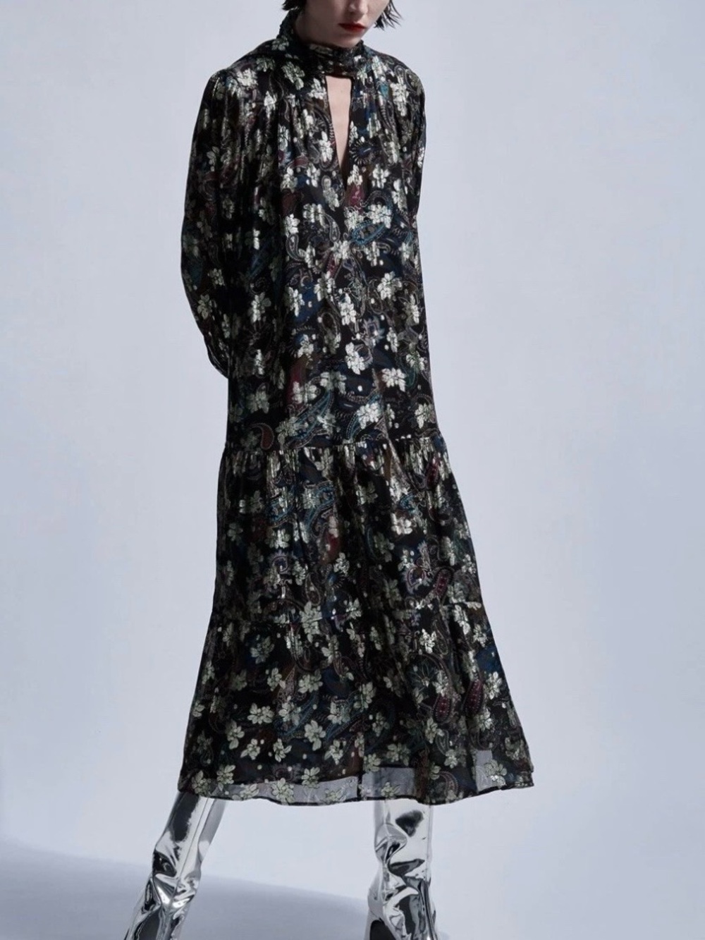 Zara Metallic Floral Paisley Black Maxi Dress Neck Tie Whimsigoth Romantic Boho